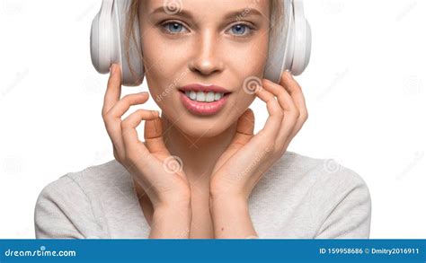 Close Up Portrait Of Attractive Girl With Headphones Stock Photo