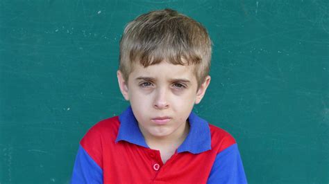 57 Caucasian Children Portrait Sad Young Boy Face Expression Stock