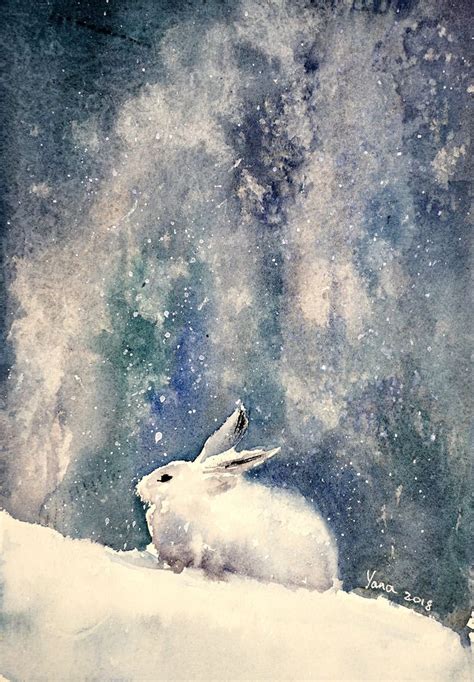 Cute White Bunny In Snow Original Watercolor Pai Artfinder