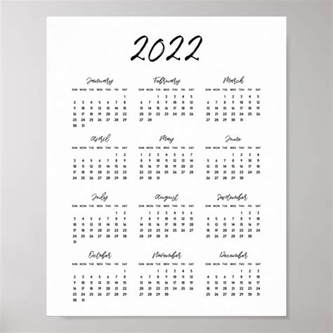 Modern Black And White 2022 Calendar Poster Nz