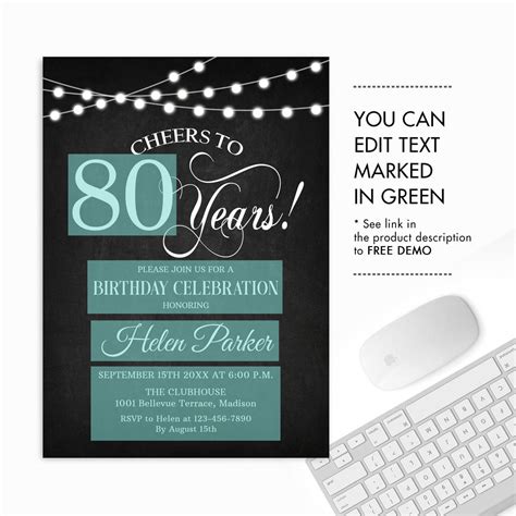 80th Birthday Party Invitation. INSTANT DOWNLOAD Editable DIY | Etsy