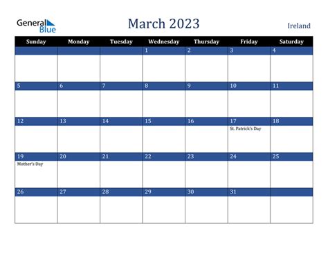 March 2023 Calendar With Ireland Holidays