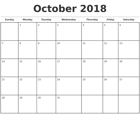 October 2018 Monthly Calendar Template