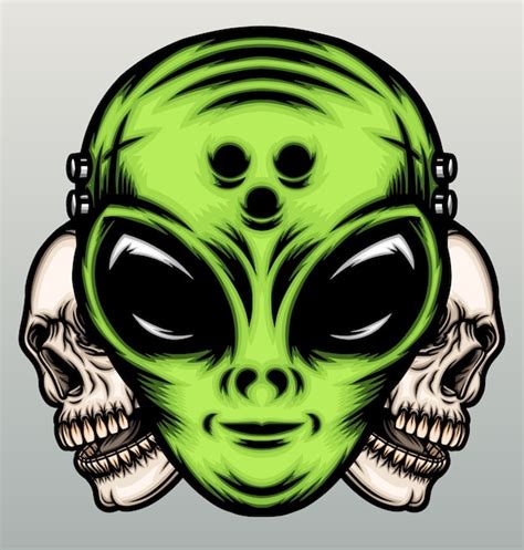 Premium Vector Green Alien With Human Skull In Hand Drawn