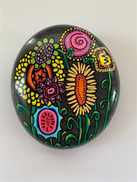 Whimsical Flower Painted Stonewhimsical Flower Painted Etsy