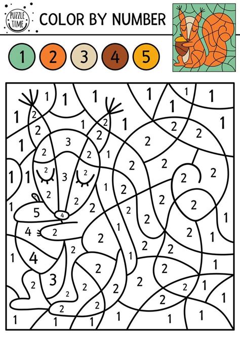 Vector Forest Color By Number Activity With Squirrel And Acorn Autumn