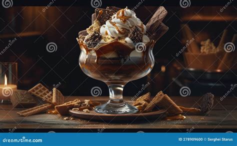 A Decadent Ice Cream Chocolate Sundae With A Waffle Generative Ai