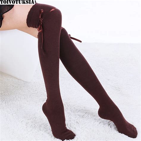 Toivotuksia Knee Socks Sexy Thigh High Socks With Ribbon Bow Tie Female Long Socks For Women