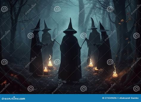 Witches In Black Cloaks Perform A Dark Ritual In An Ominous Forest