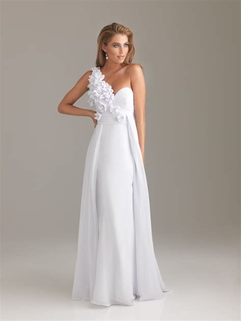 White A Line One Shoulder Low Back Floor Length Chiffon Evening Dresses With Flowers
