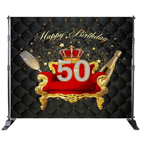 Happy 50th Birthday Backdrop Red Golden Crown Sofa Photo Background