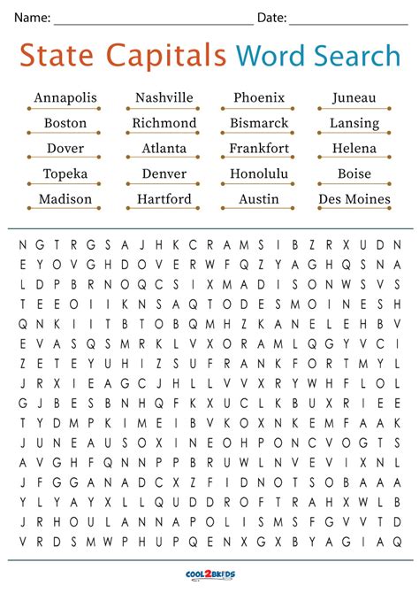 Printable State Capitals Word Search Cool2bkids