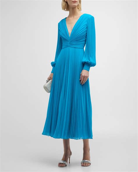 Badgley Mischka Collection Bishop Sleeve Pleated A Line Midi Dress Neiman Marcus