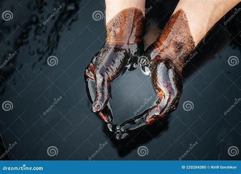 Crude Oil In Hand Due To A Fuel Oil Leak Process Of Oil Refining