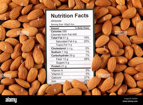 Nutrition Facts Of Almonds With Almonds Background Stock Photo Alamy