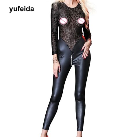 Women Jumpsuits Lace Patchwork PU Leather Black Erotic Leotard Costumes Open Crotch Zipper