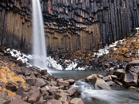 Waterfall Made Of Lava Columns In Skaftafell National Park Iceland