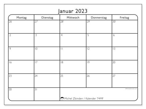 Kalender Januar 2023 Zum Ausdrucken “74ms” Michel Zbinden Be