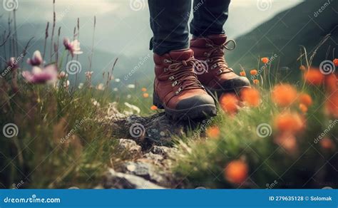 Hiker Legs With Modern Trekking And Climbing Boots On A Rock In