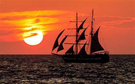 Wallpaper Boat Sailing Ship Sunset Sea Water Red Sky Silhouette Clouds Sunrise Calm