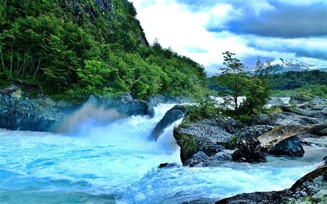 Nature Landscape Chile River Mountain Forest Rapids Clouds Shrubs Water