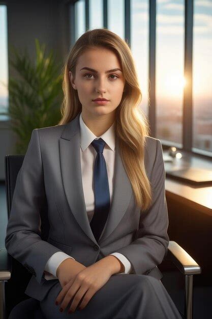 Premium Ai Image A Beautiful Lady In Suit Is Sitting On Chair In An Office Room At Sunrise