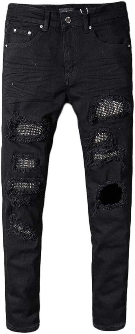 Mens Thin Crystal Rhinestone Patchwork Ripped Jeans Fashion Patch