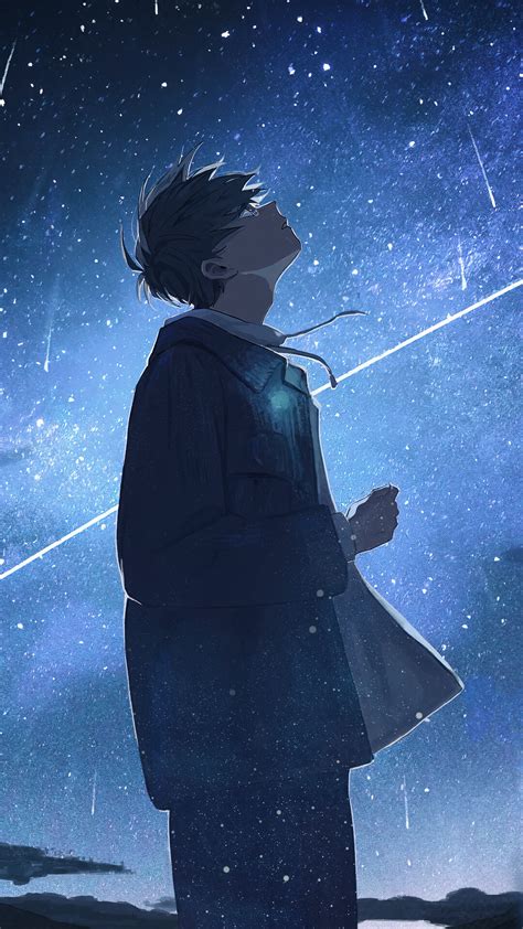 Anime Boy Anime Alone Night Stars Scenery Hd Phone Wallpaper