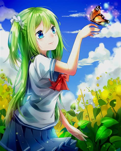 Anime Anime Girls Long Hair Butterfly Green Hair Blue Eyes Sky