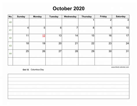 Download October 2020 Blank Calendar With Space For Notes Horizontal