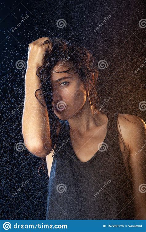Closeup Portrait Of Wet Brunette In Black Shirt Stock Image Image Of Model Passion 157280225