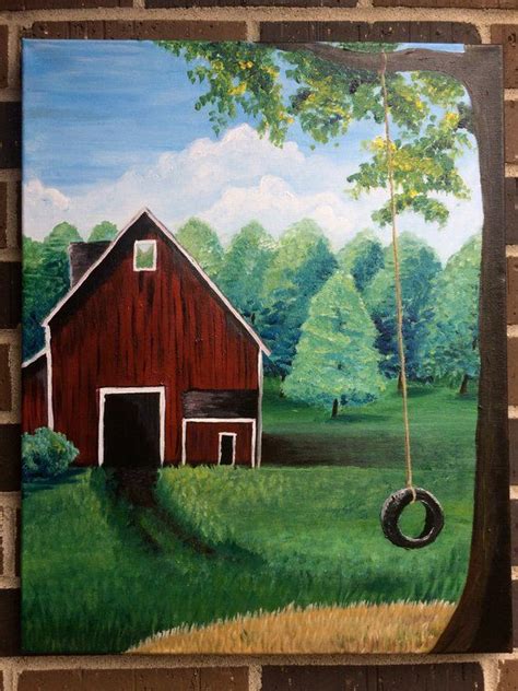 Old Barn Acrylic Original Painting Red Barn Tire Swing Scenery