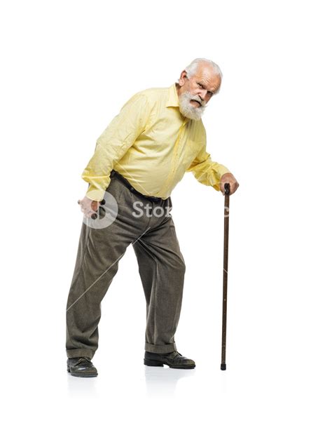 Old Bearded Man Walking With Cane Isolated On White Background Royalty