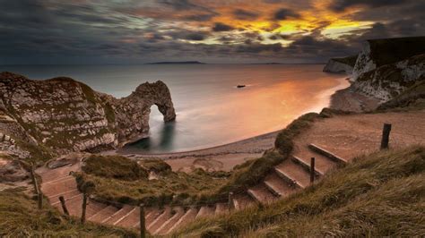 Download Stairs England Dorset Limestone Ocean Sunset Beach Arch Steps
