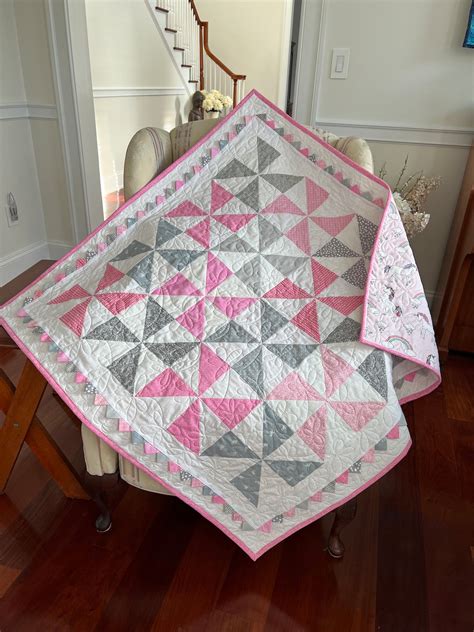 Baby Girl Pinwheel Quilt With Prairie Points And Unicorns Handmade