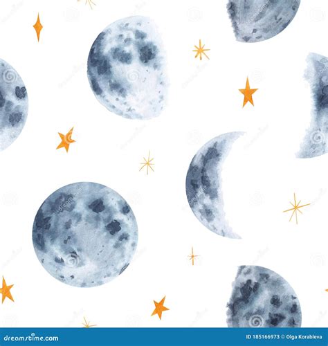 Watercolor Hand Drawn Moon Phases And Stars Seamless Pattern Isolated