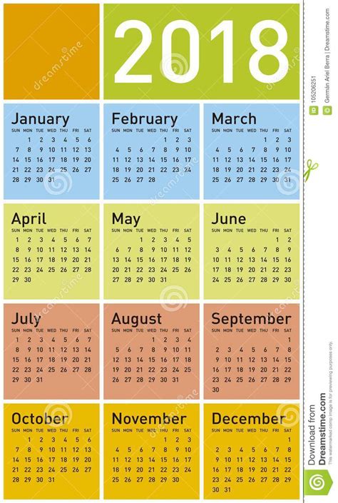 Colorful Calendar For Year 2018 In Vector Format Stock Vector
