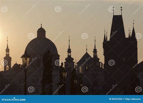 Prague The Silhouettes Of The Old City Early In The Morning Stock