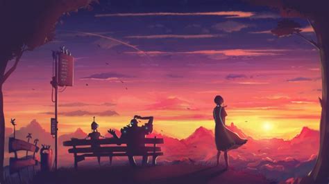 Wallpaper Futuristic Anime Girl Sunset Robot Bench