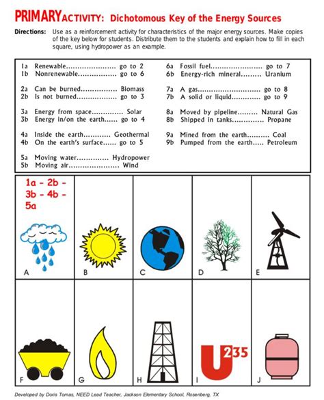 Primary Activity Dichotomous Key Of Energy Sources Worksheet For 4th
