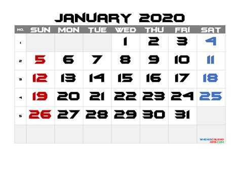 Free January 2020 Calendar 6 Templates