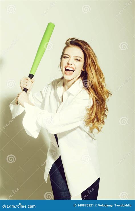 Pretty Woman With Long Hair Holds Green Baseball Bat Stock Image Image Of Woman Lips 148875821