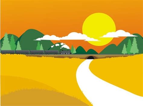 Countryside Railway Landscape Theme Colorful Drawing Vectors Graphic
