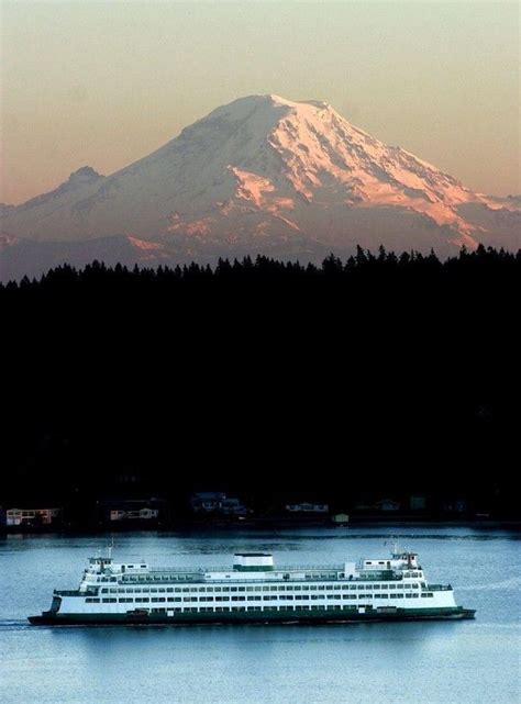 Ferry From Seattle To Bremerton Passes Under Mt Rainier Washington