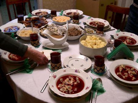 The recipes depend highly on the available traditional and seasonal produce during the winter months. A Polish Christmas Eve dinner - including barszcz with "ears", potatoes, mushrooms, and carp ...
