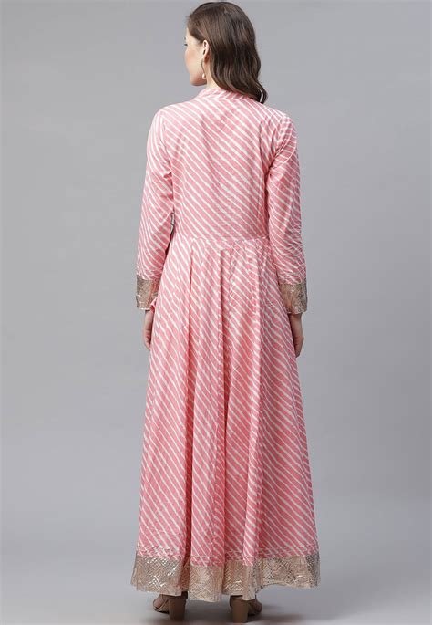 Leheriya Printed Cotton Angrakha Style Kurta In Pink Tkv60