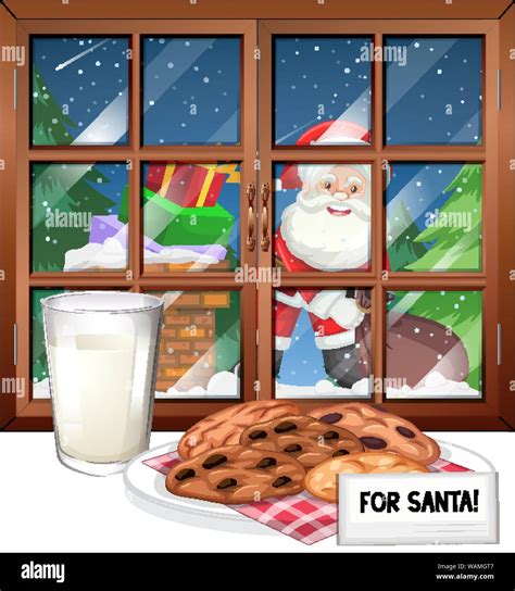 Window With View Of Santa On Christmas Night Illustration Stock Vector
