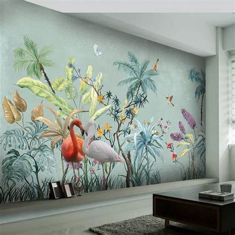 Custom Mural Wallpaper 3d Hand Painted Rain Forest Flowers And Birds