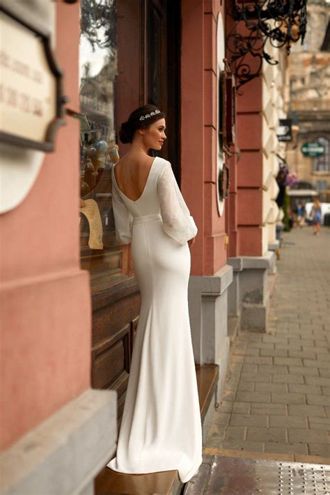 Sheer Long Sleeves Crepe Minimalistic Modest Wedding Dress Etsy
