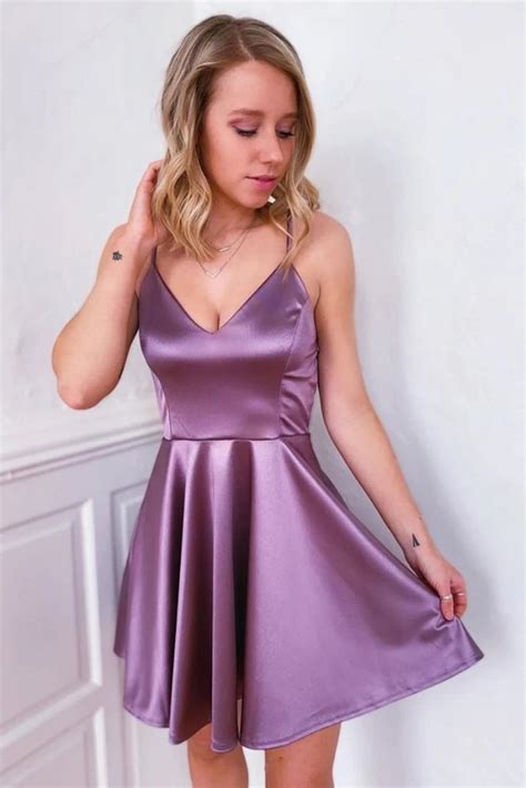 Cute V Neck Purple Short Prom Dress A Line Satin Homecoming Dress Gra Okdresses